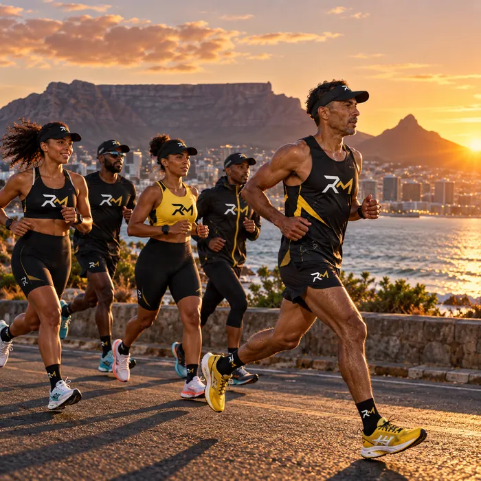 The crew running into a Cape Town sunset