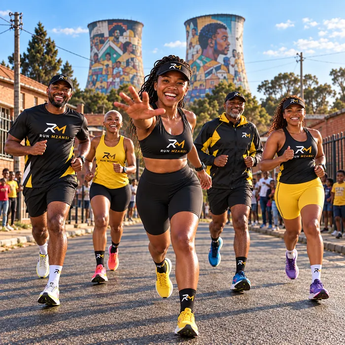 A laughing crew running past the Soweto towers