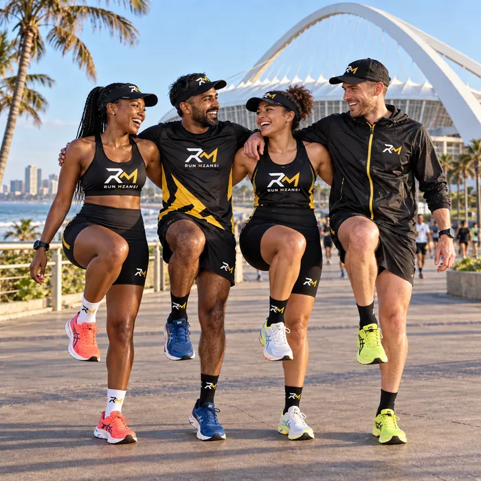Four friends arm in arm by Moses Mabhida Stadium