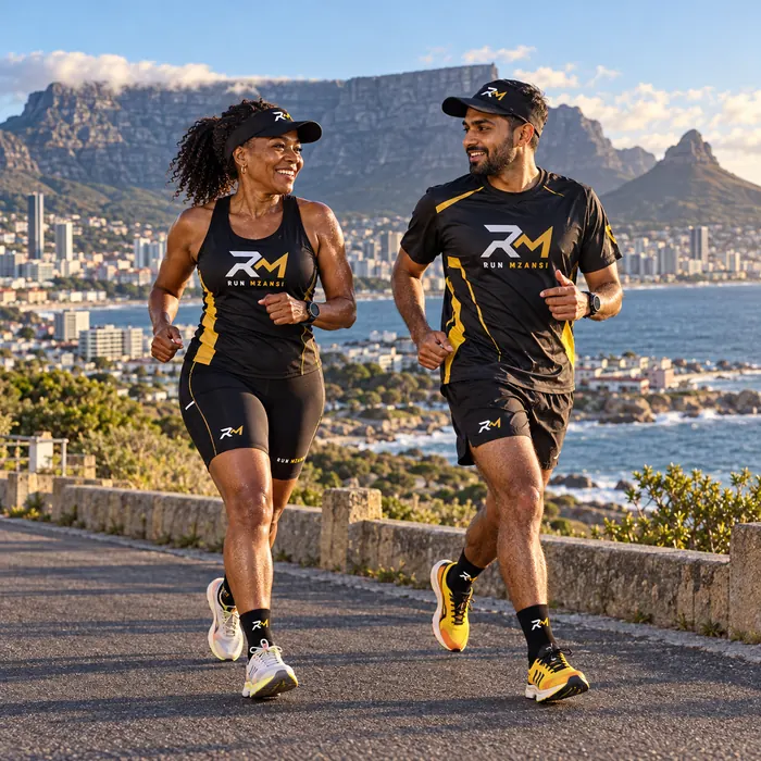 Two runners pacing each other above Cape Town