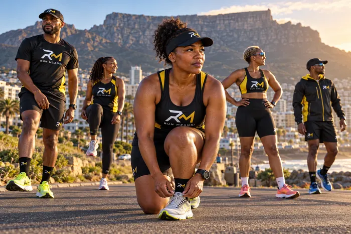 Runners lacing up beneath Table Mountain