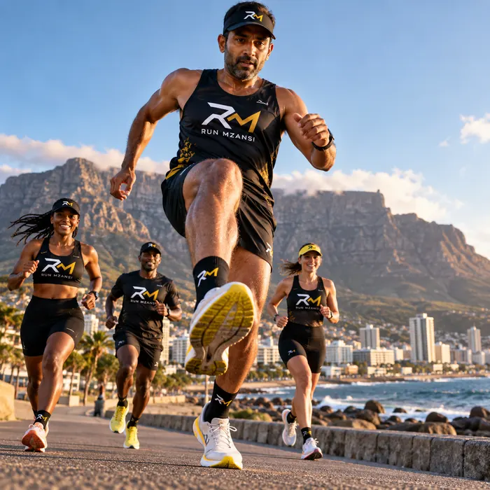 A runner striding over the camera on the Sea Point promenade