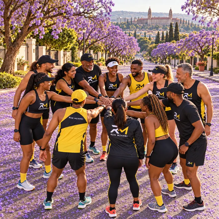 The Pretoria crew together in a huddle under the jacarandas