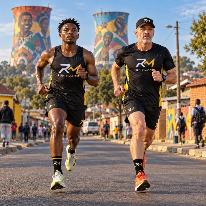 Two runners accelerating past the Orlando towers in Soweto