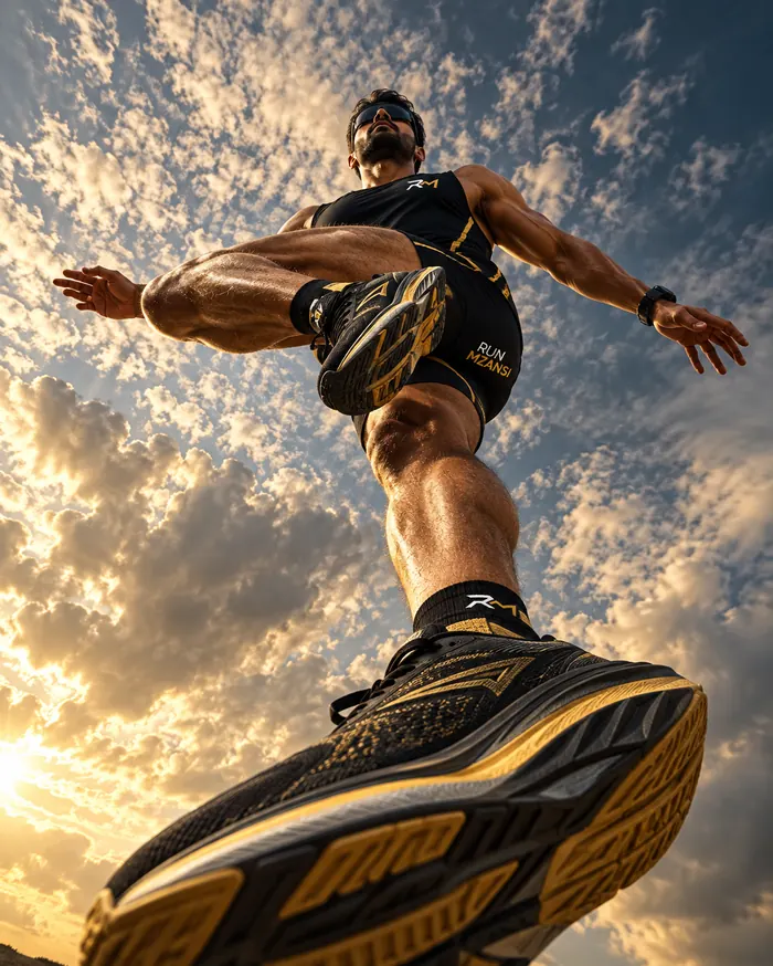 A runner crouched low in black and gold Run Mzansi kit and shoes