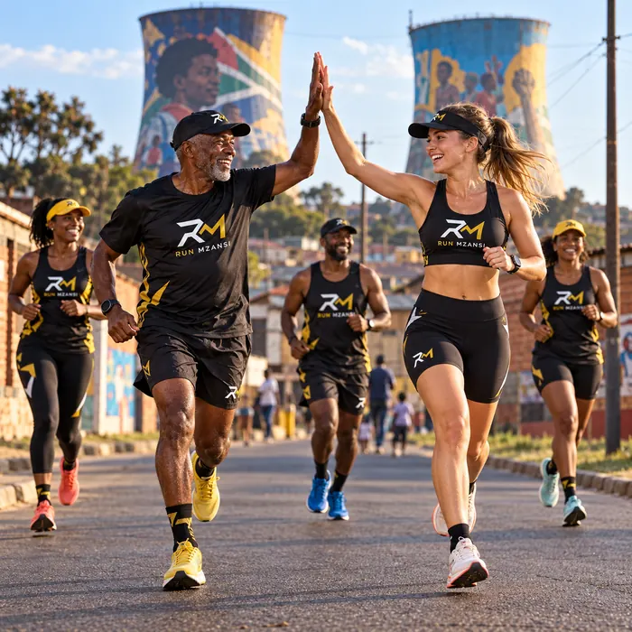 Two runners high-fiving at the finish in Soweto