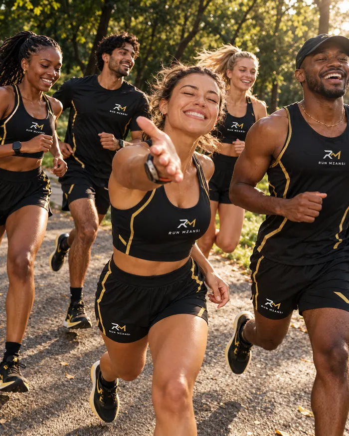 A laughing group of runners mid-run