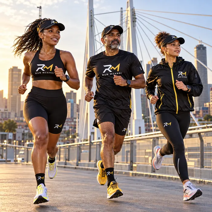 The lead pack crossing the Nelson Mandela Bridge at sunrise