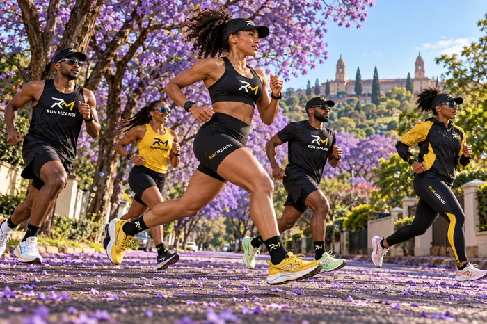 Runners striding along a purple jacaranda avenue in Pretoria