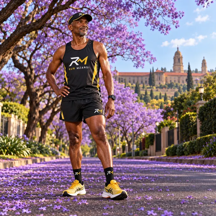 A runner standing ready on a jacaranda-carpeted road