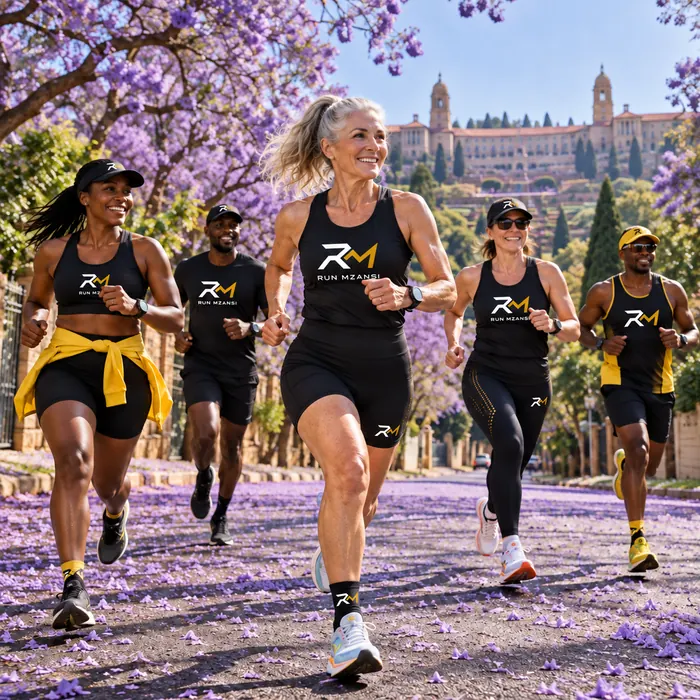 A steady veteran runner under Pretoria jacarandas