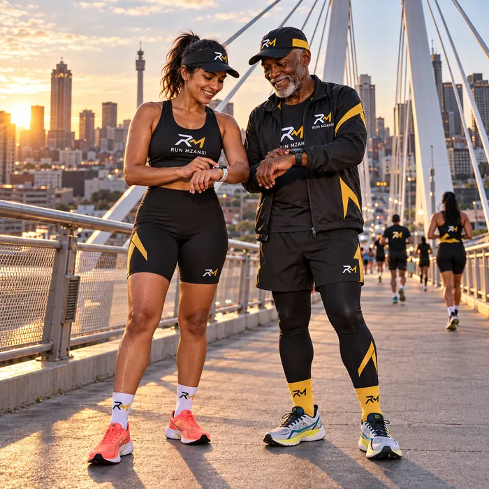 Two runners checking their pace on their watches