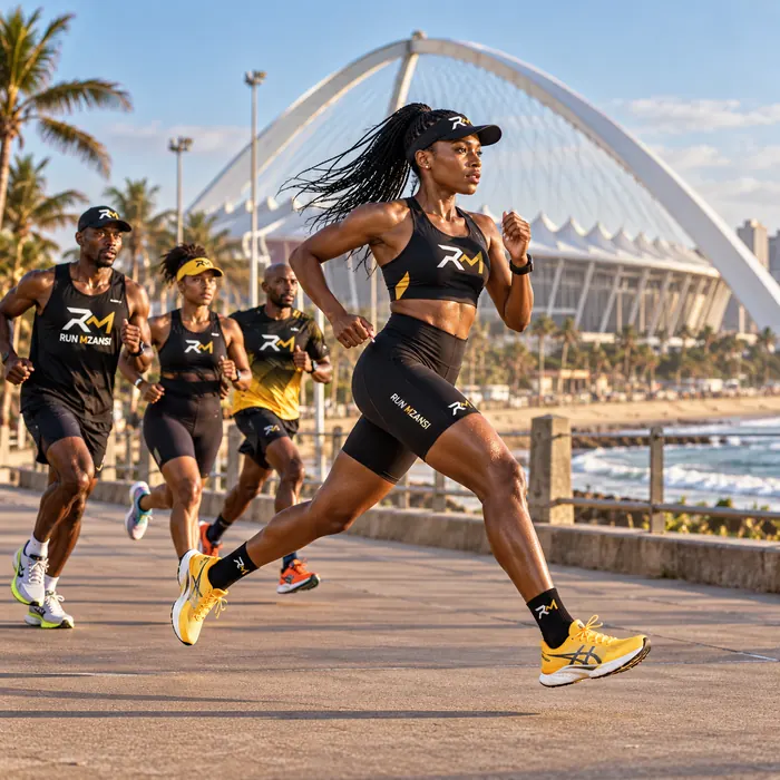 A runner mid-stride by Moses Mabhida Stadium