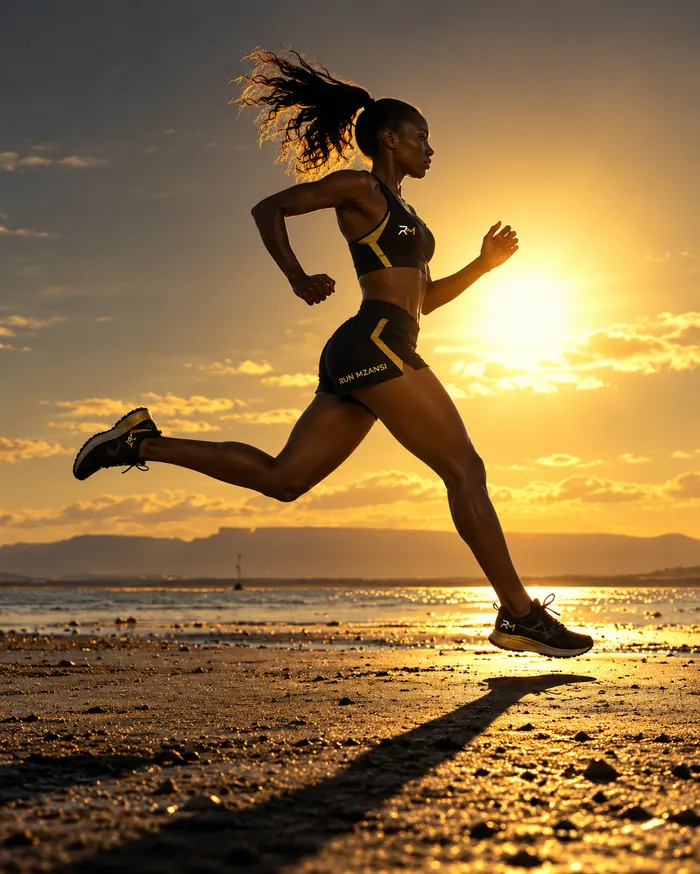 A runner silhouetted against the sunset on an open shore