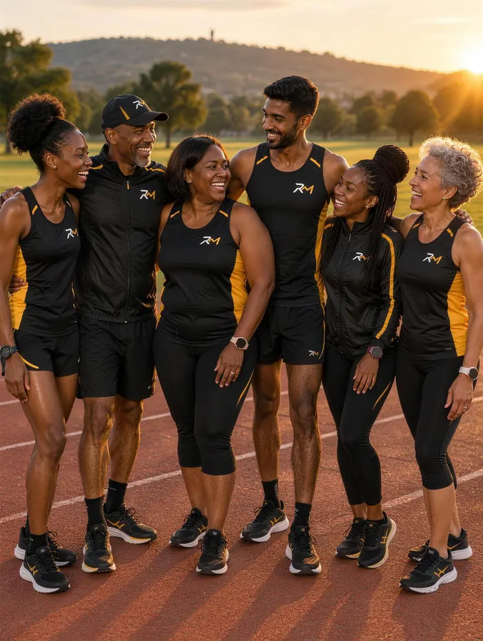 Six Run Mzansi runners of different ages laughing together on a running track at sunset