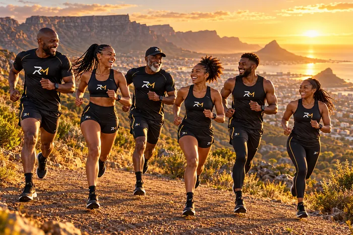 A joyful crew running a mountain trail above Cape Town at sunrise