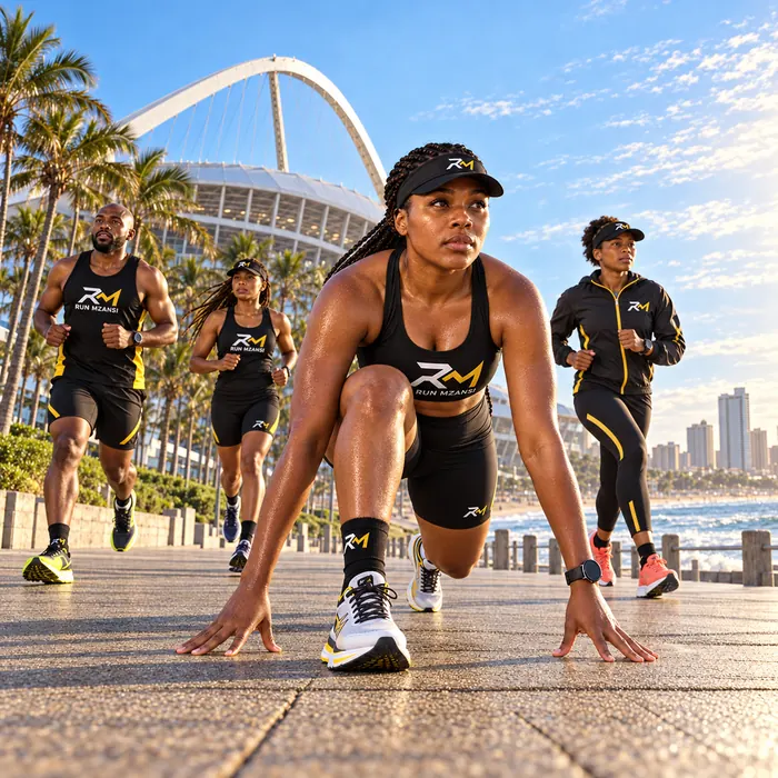 A runner in a low start crouch by Moses Mabhida Stadium