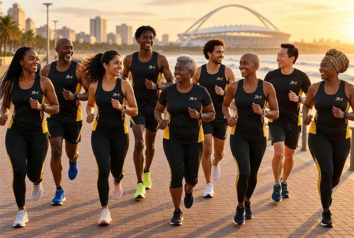 Nine Run Mzansi runners jogging together along the Durban promenade at sunrise, the stadium arch behind them