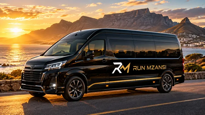 A black Run Mzansi shuttle on a coastal road at sunrise (concept)