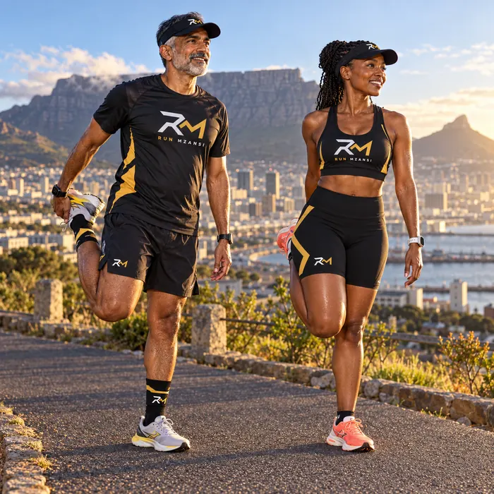 Two runners stretching together above Cape Town