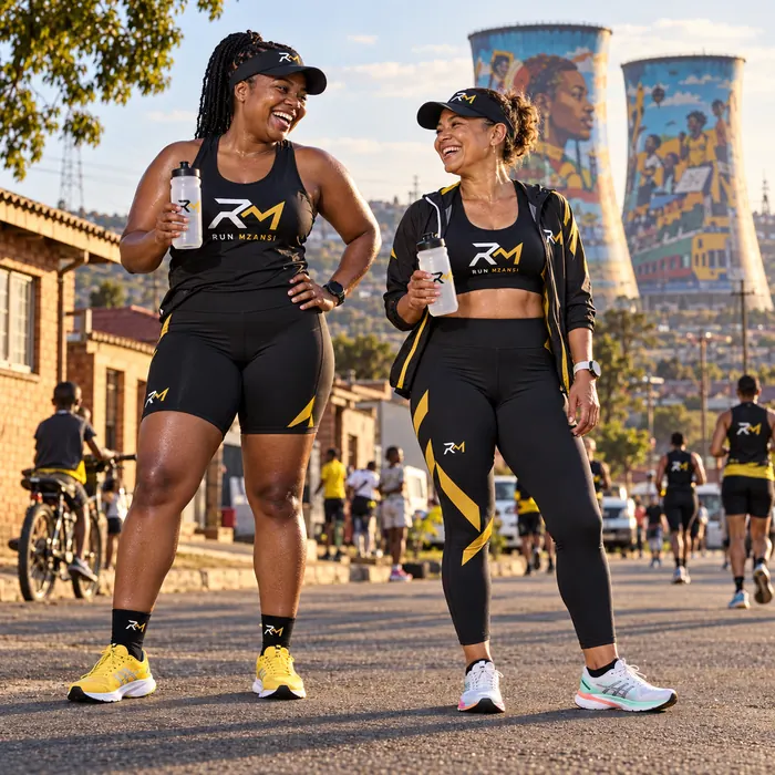 Two runners sharing a water break in Soweto