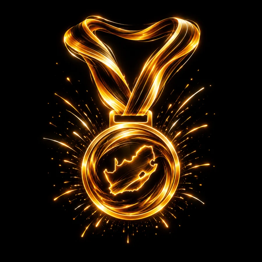 A finisher’s medal with the map of South Africa, drawn in glowing gold (illustration)