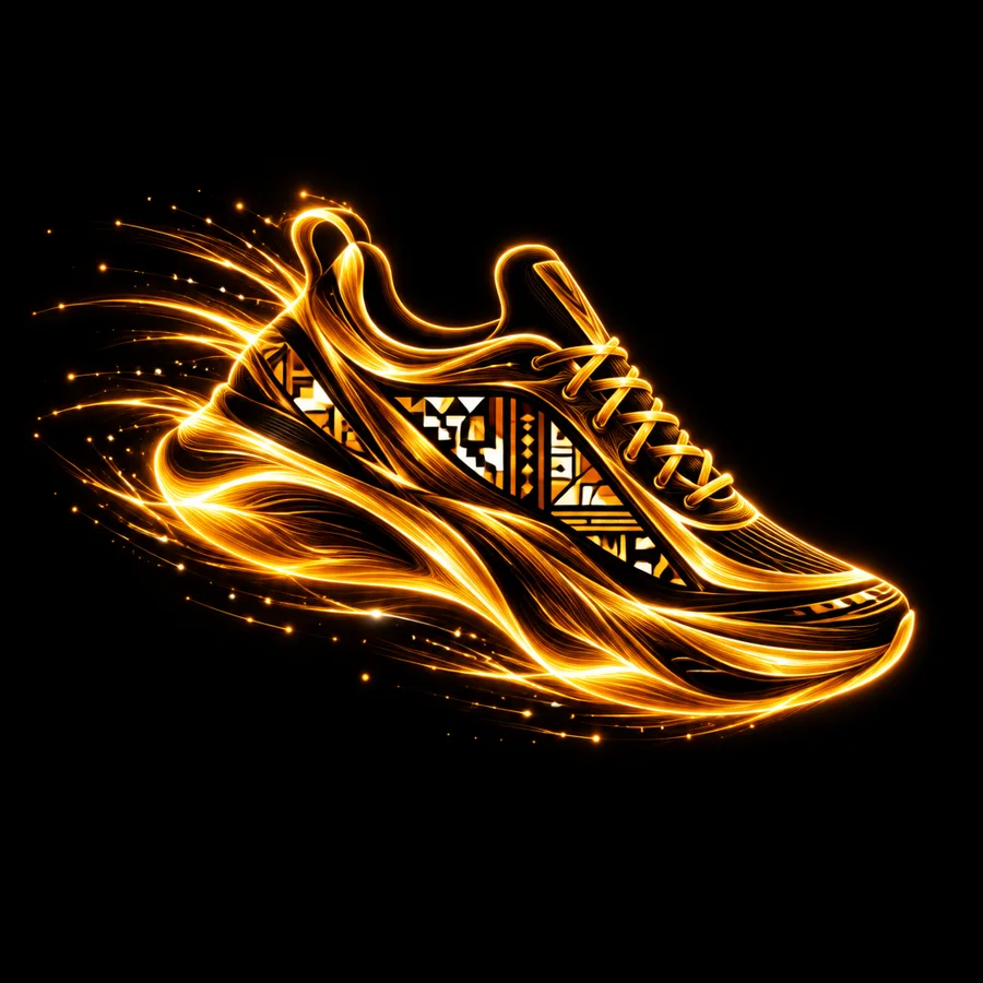 A running shoe drawn in glowing gold lines (illustration)